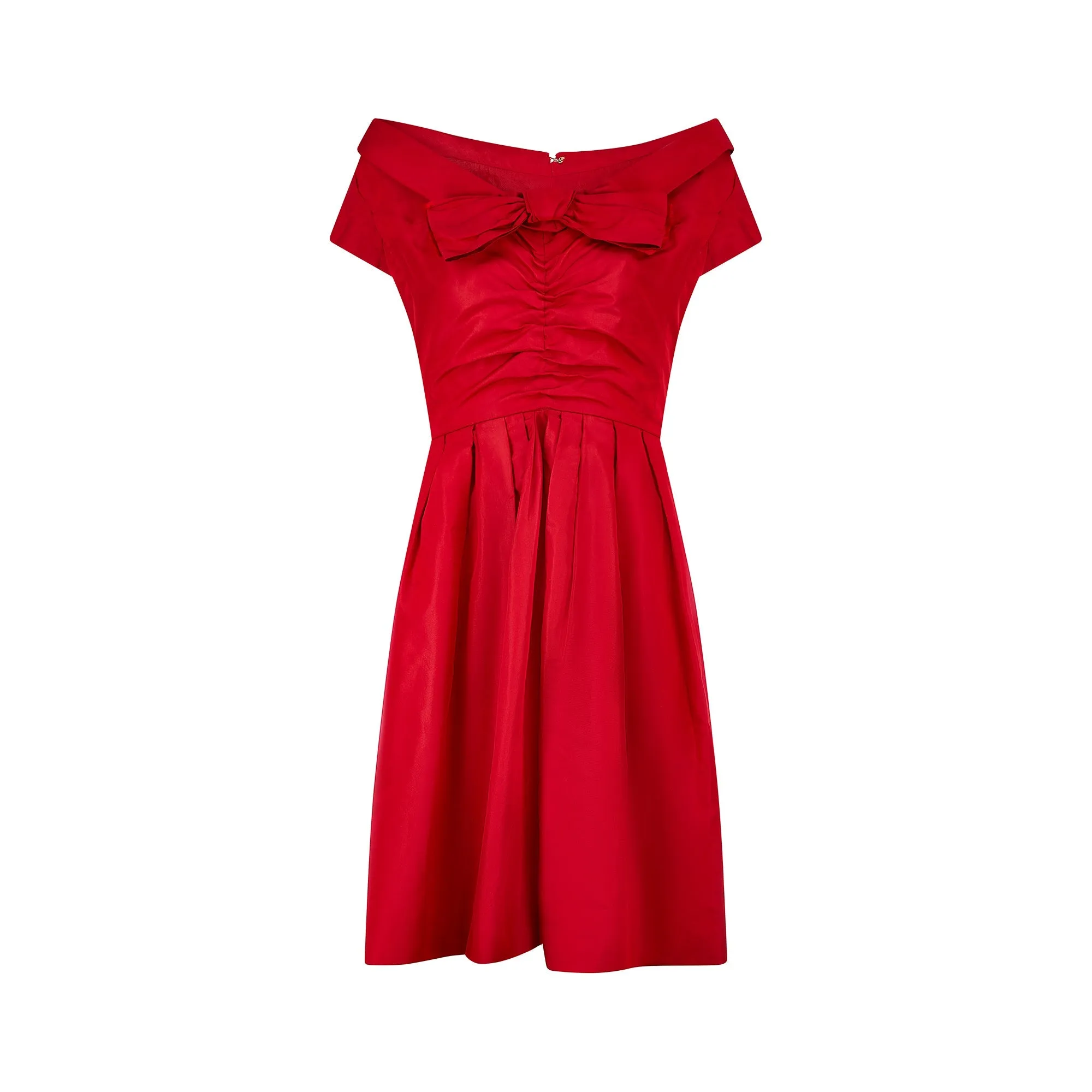 1950s Red Silk Off-The-Shoulder Dress