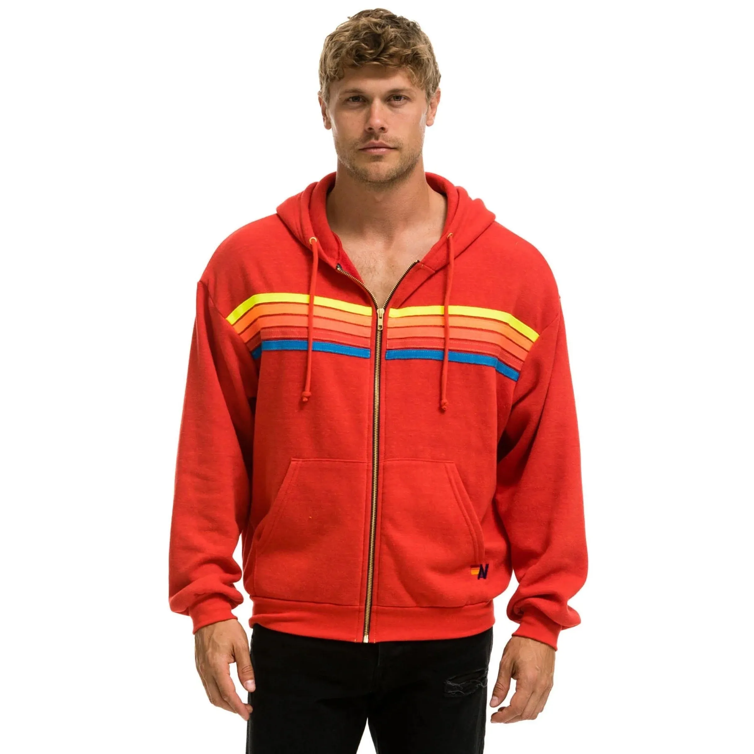 5 Stripe Zip Hoodie Red/Neon Rainbow