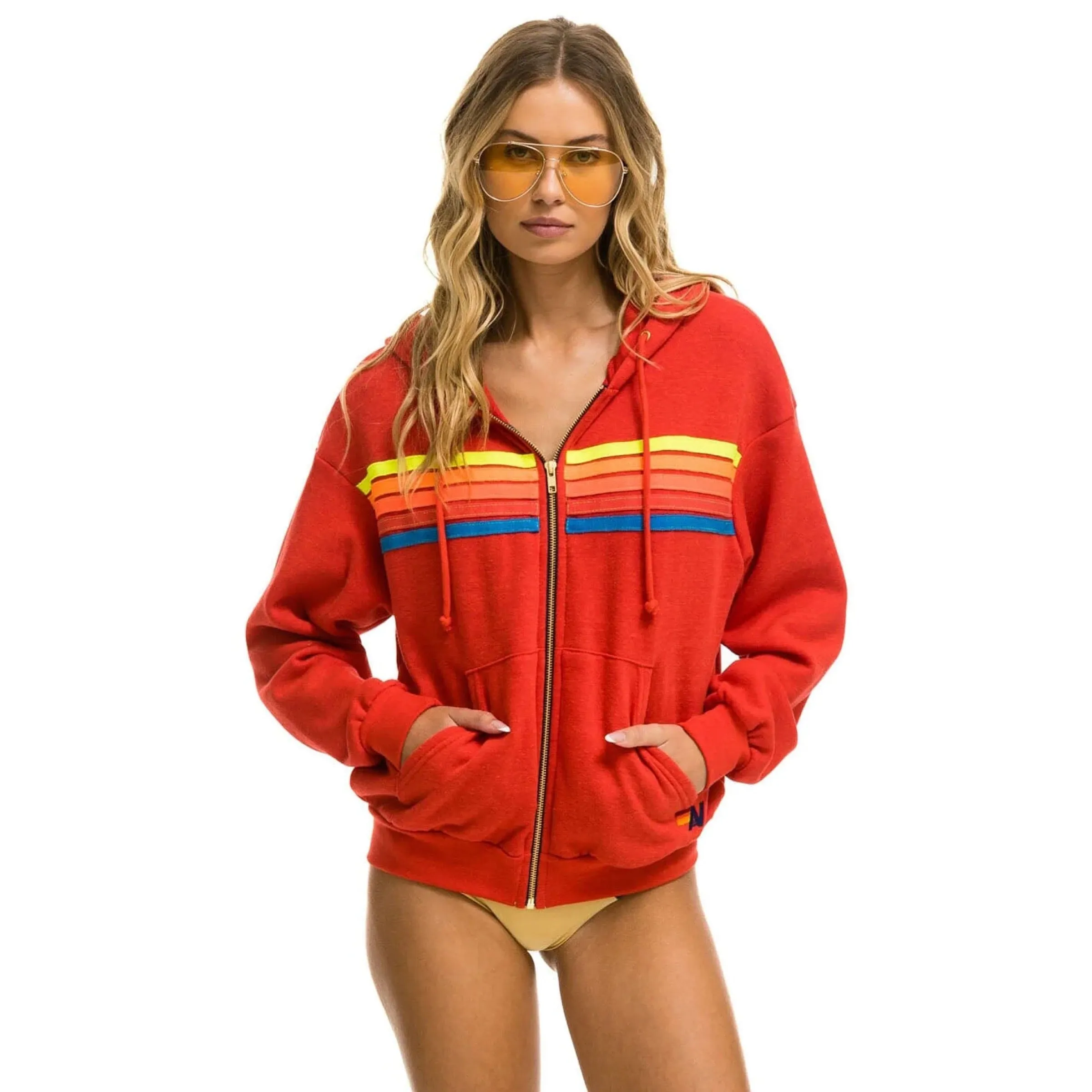 5 Stripe Zip Hoodie Red/Neon Rainbow