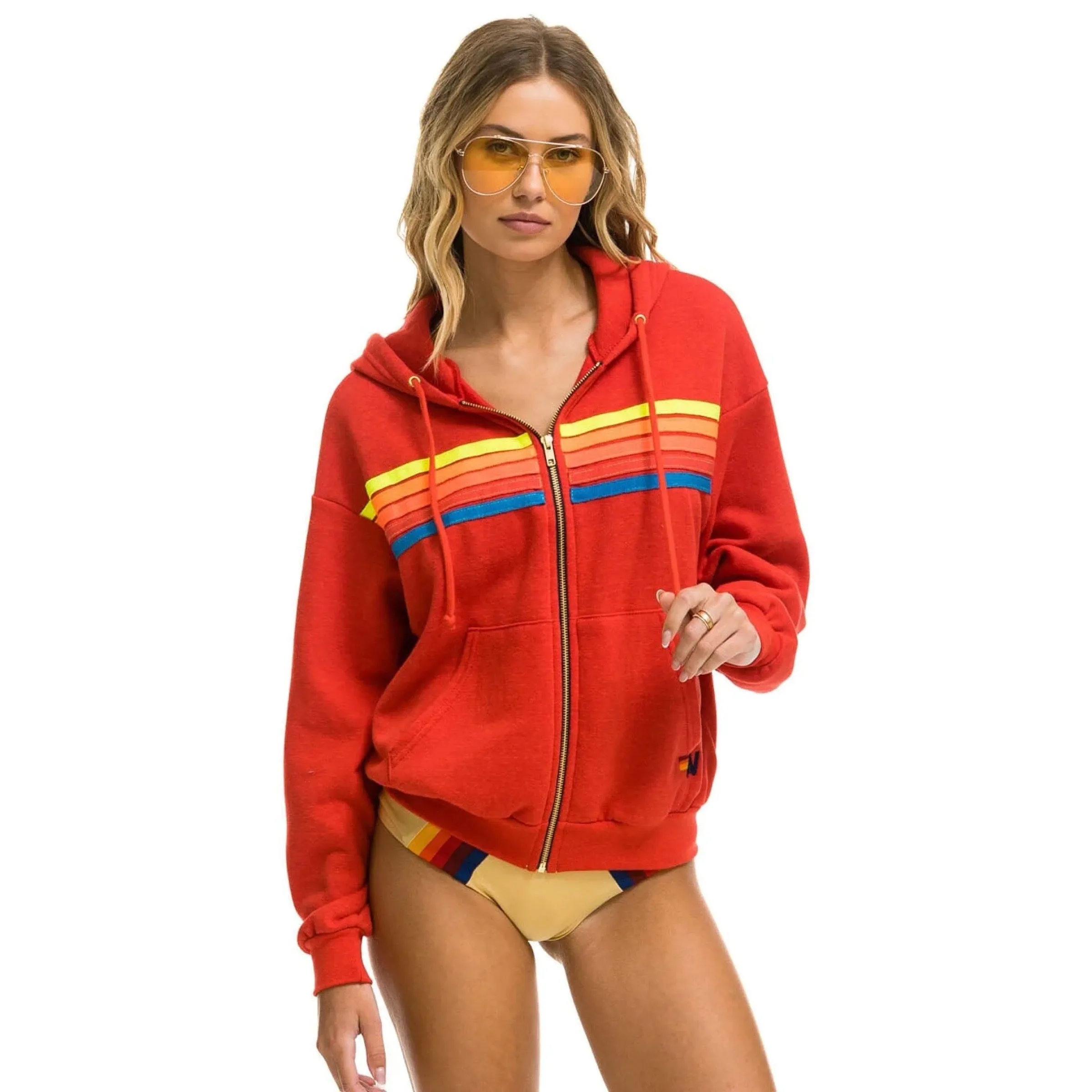 5 Stripe Zip Hoodie Red/Neon Rainbow
