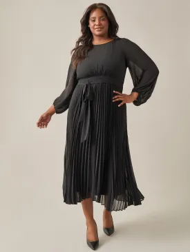 A-Line Balloon Sleeve Midi Dress, Black