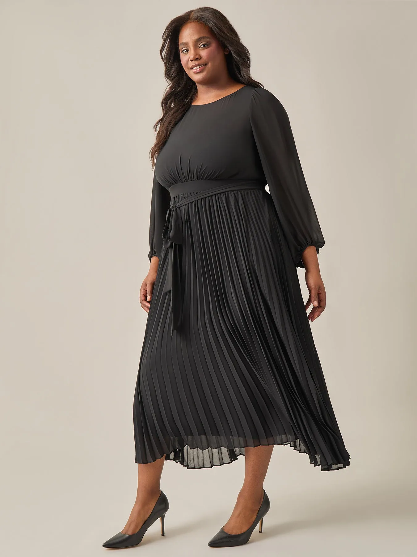 A-Line Balloon Sleeve Midi Dress, Black