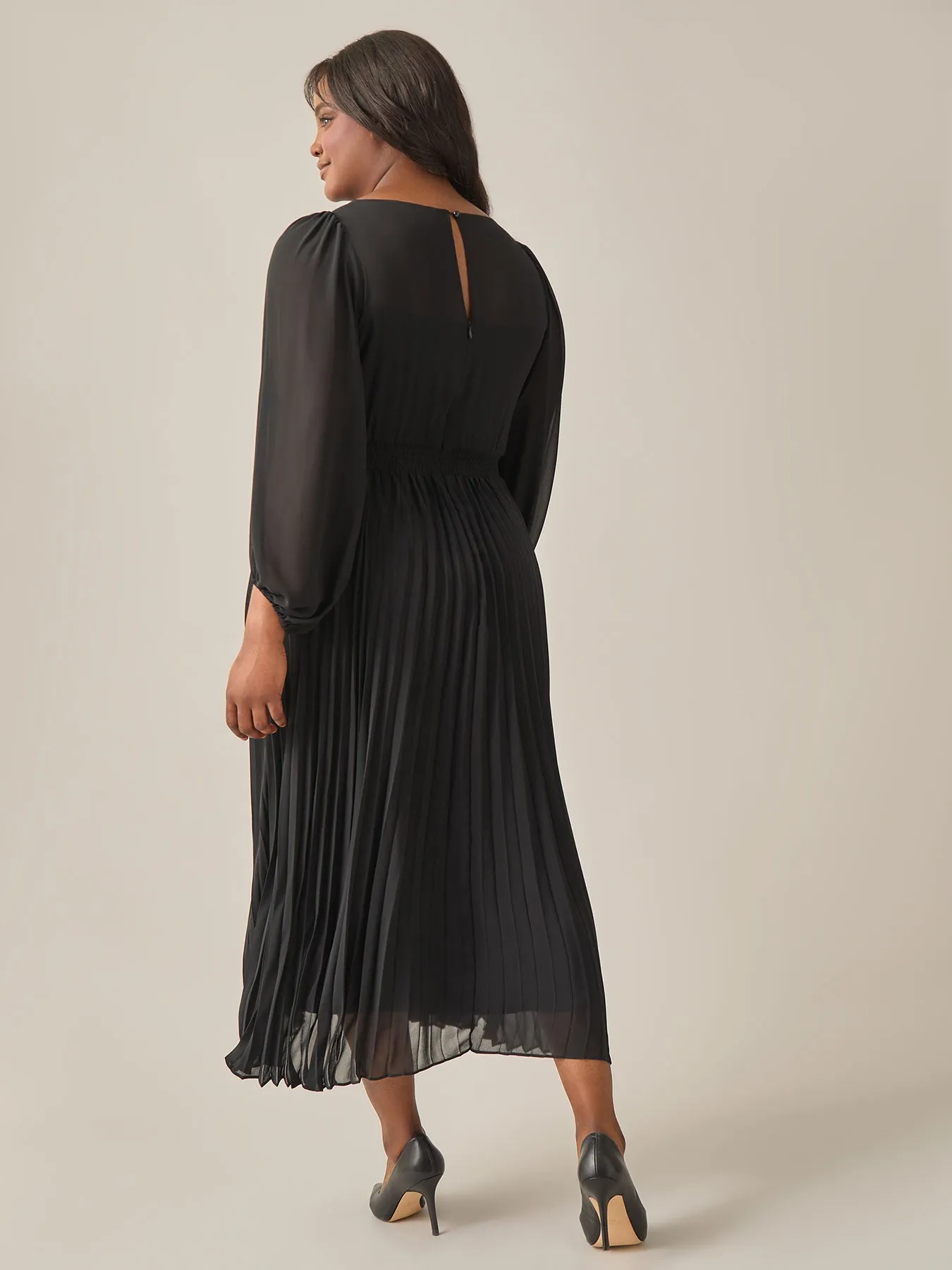 A-Line Balloon Sleeve Midi Dress, Black