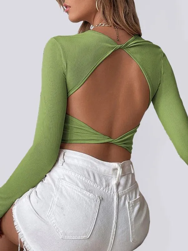 Alluring Backless Knit Long Sleeve Top for Women
