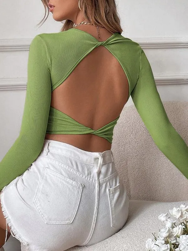 Alluring Backless Knit Long Sleeve Top for Women