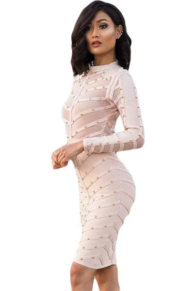 Apricot Studded Mesh Bandage Dress