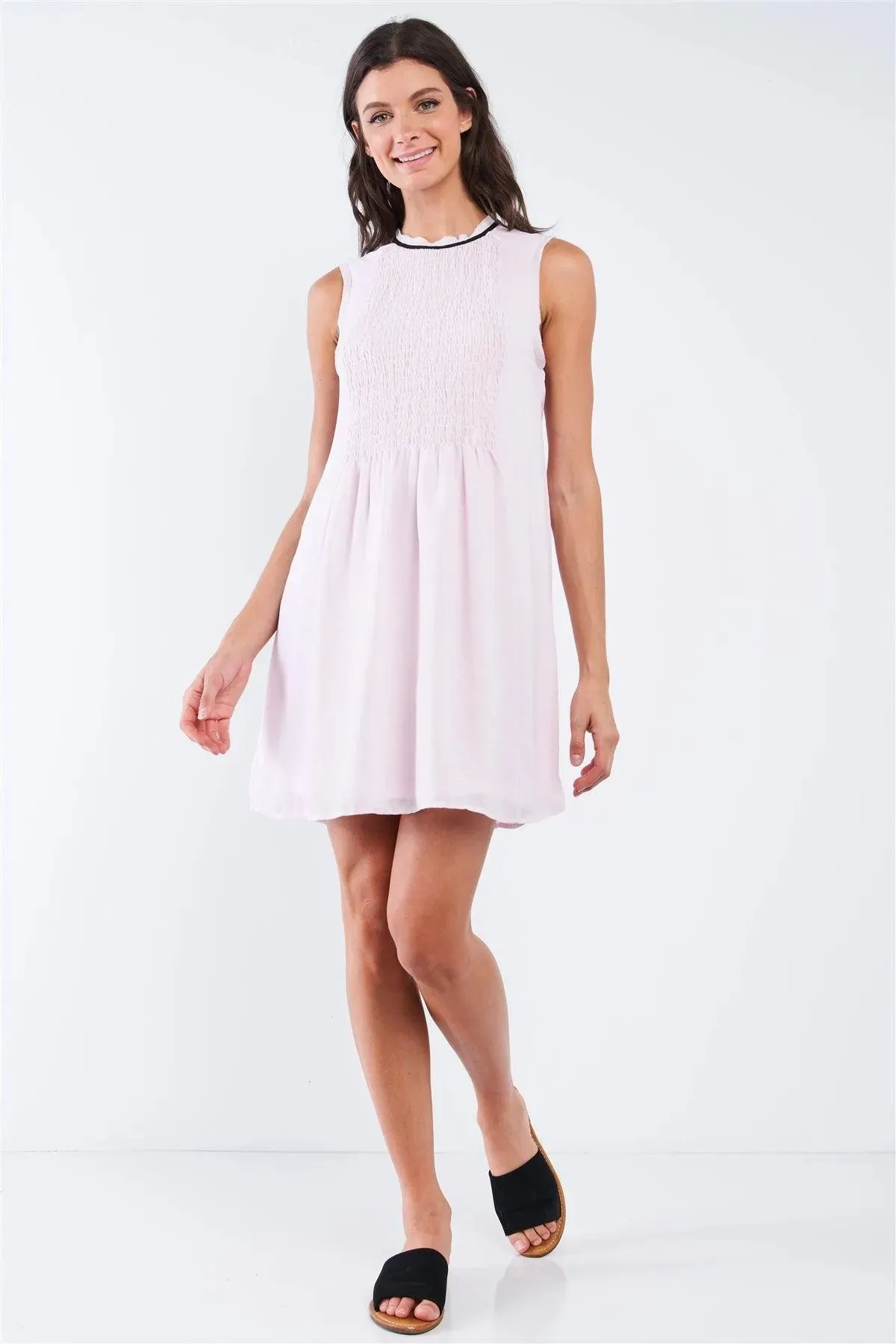 Baby Pink Sleeveless Round Neck Loose Fitting Smock Front Detail BabyDoll Mini Dress /1-2-2-1