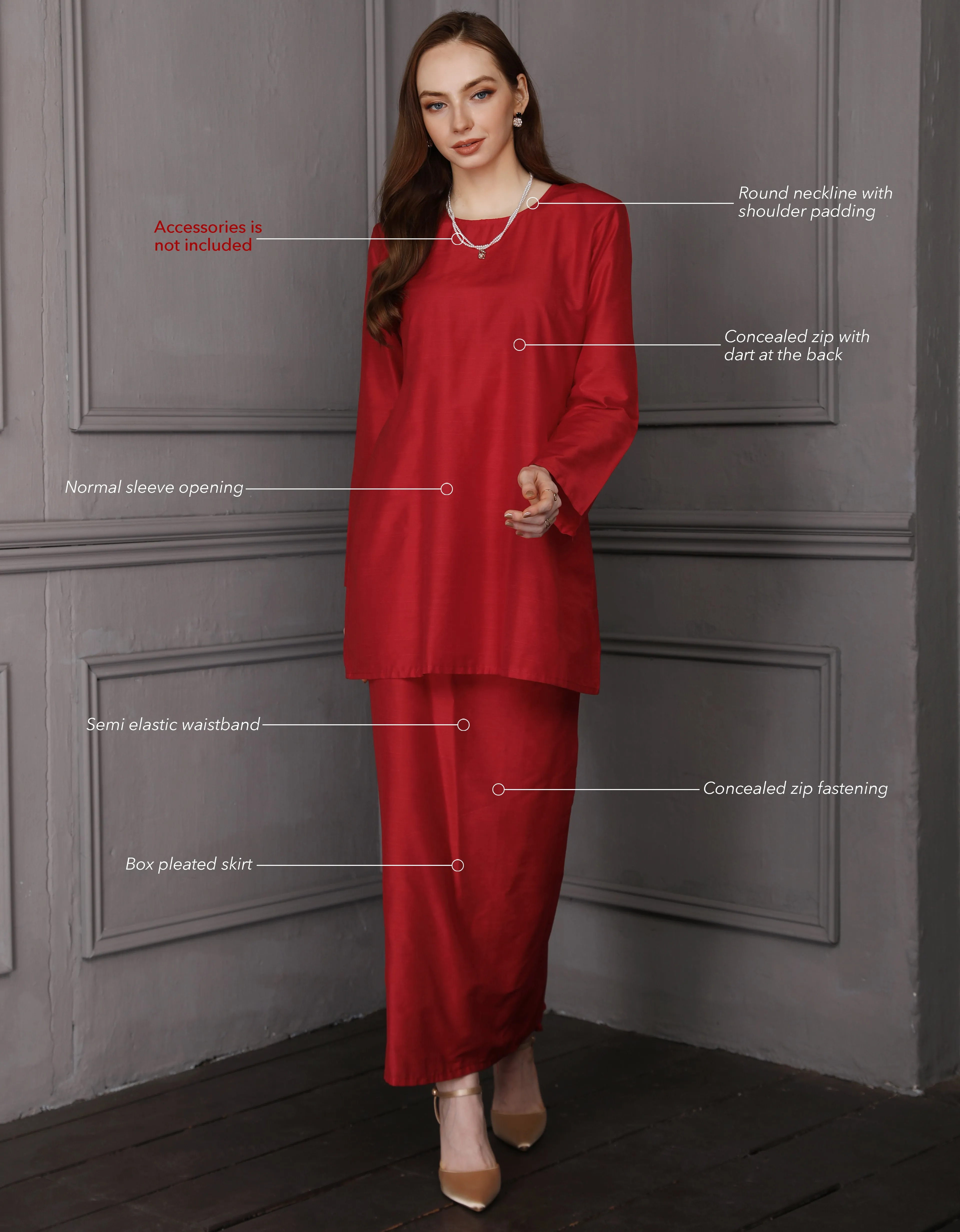 BAJU KURUNG PAHANG MODEN JENNA (CRIMSON RED)