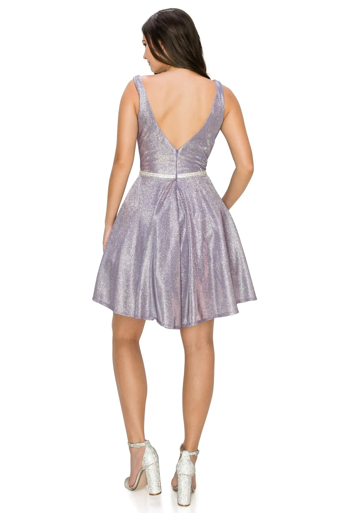 Beaded Belt Illusion V-Neck Open V-Back Short Cocktail Dress