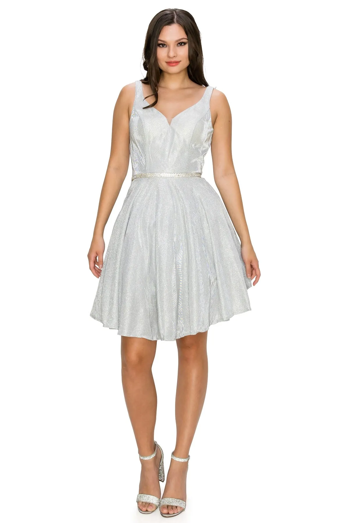 Beaded Belt Illusion V-Neck Open V-Back Short Cocktail Dress