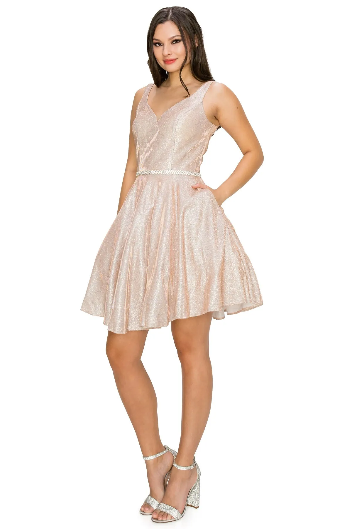 Beaded Belt Illusion V-Neck Open V-Back Short Cocktail Dress