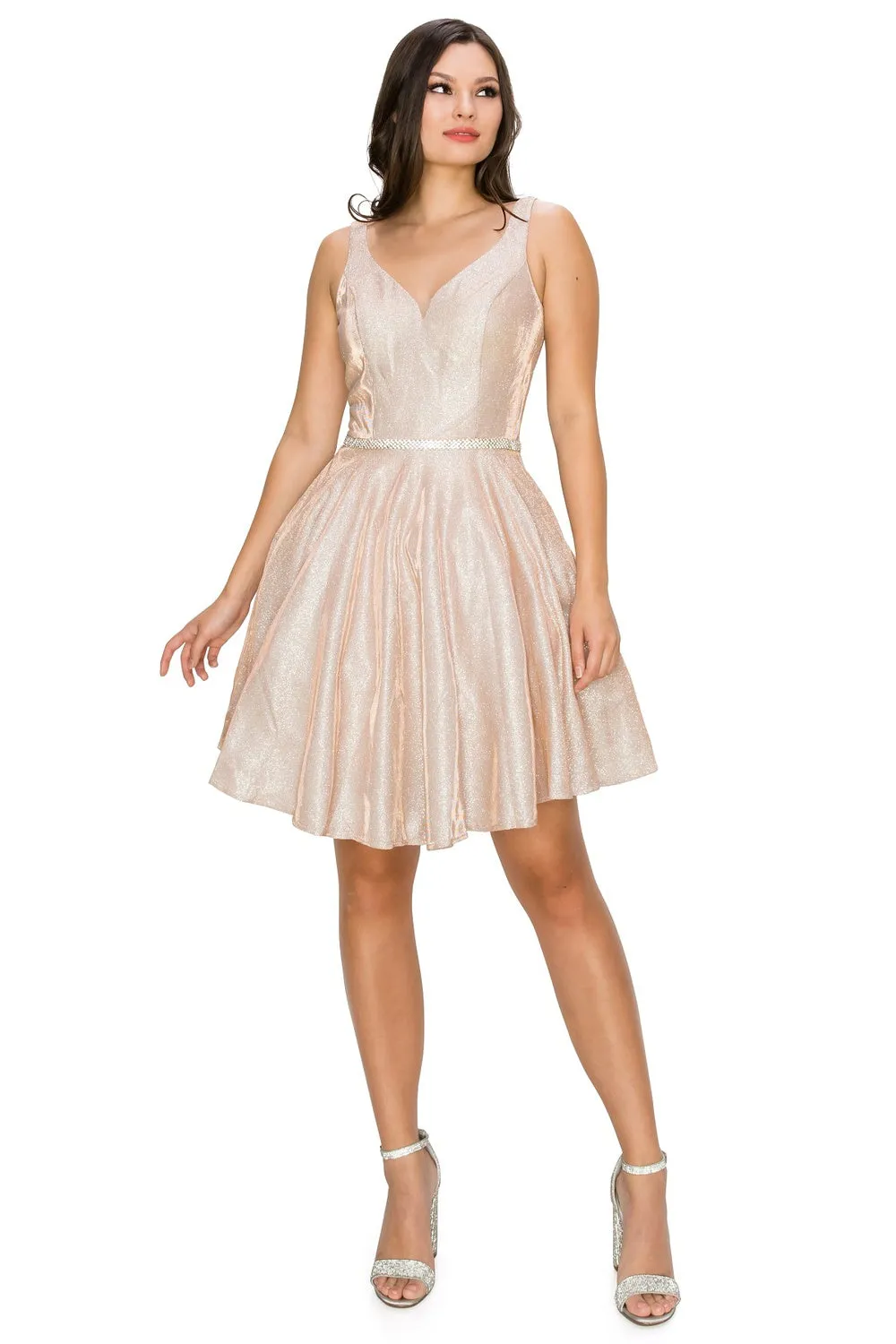 Beaded Belt Illusion V-Neck Open V-Back Short Cocktail Dress