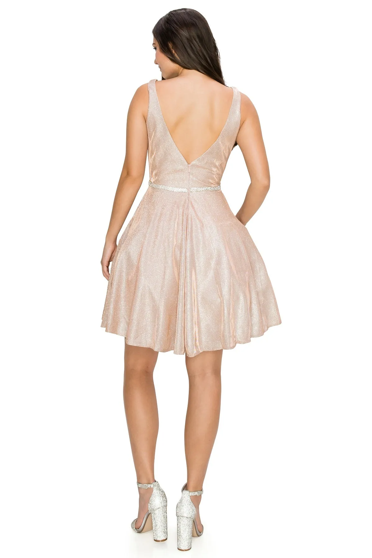 Beaded Belt Illusion V-Neck Open V-Back Short Cocktail Dress
