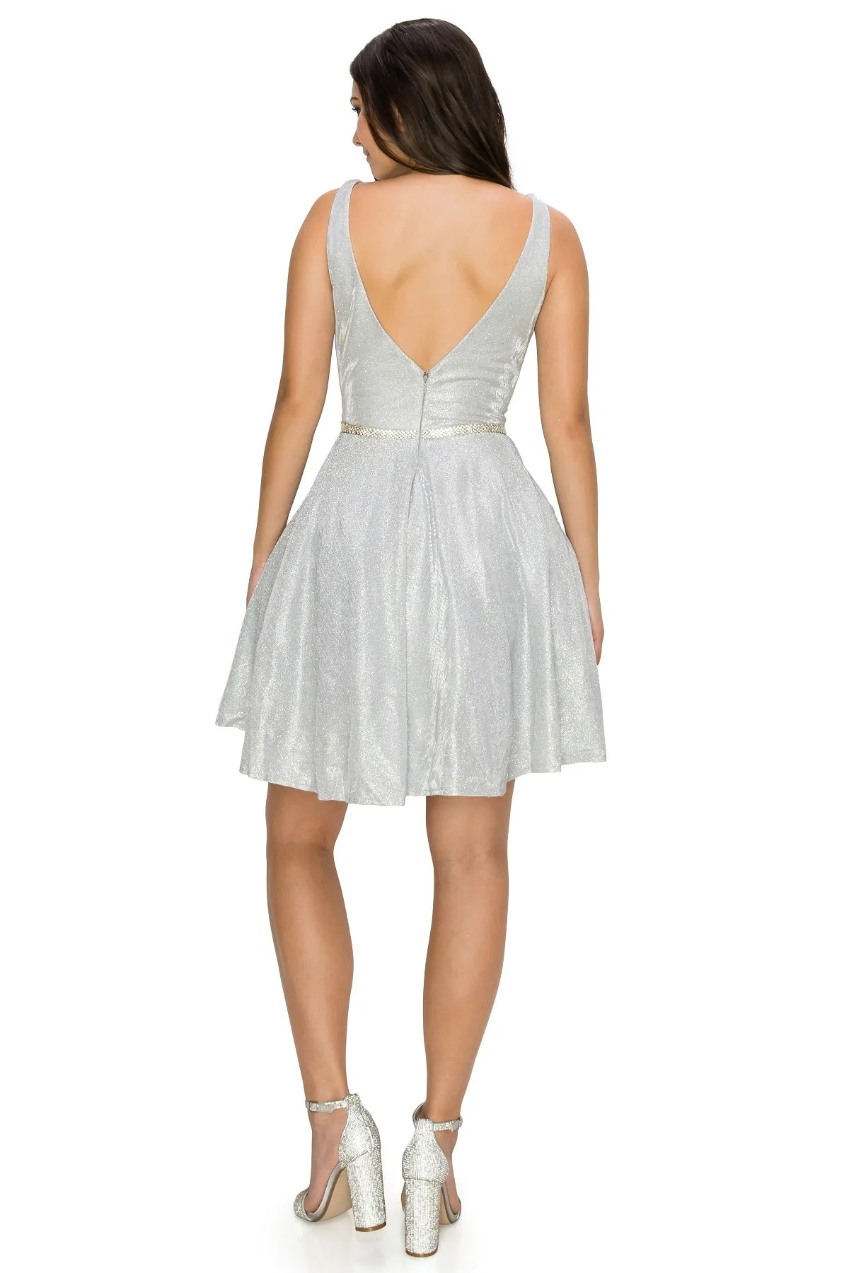 Beaded Belt Illusion V-Neck Open V-Back Short Cocktail Dress