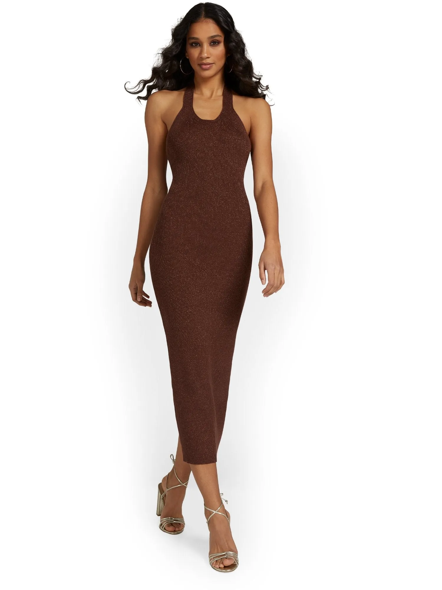 Beige Botany Halterneck Ribbed Knit Midi Dress - Brands We Love