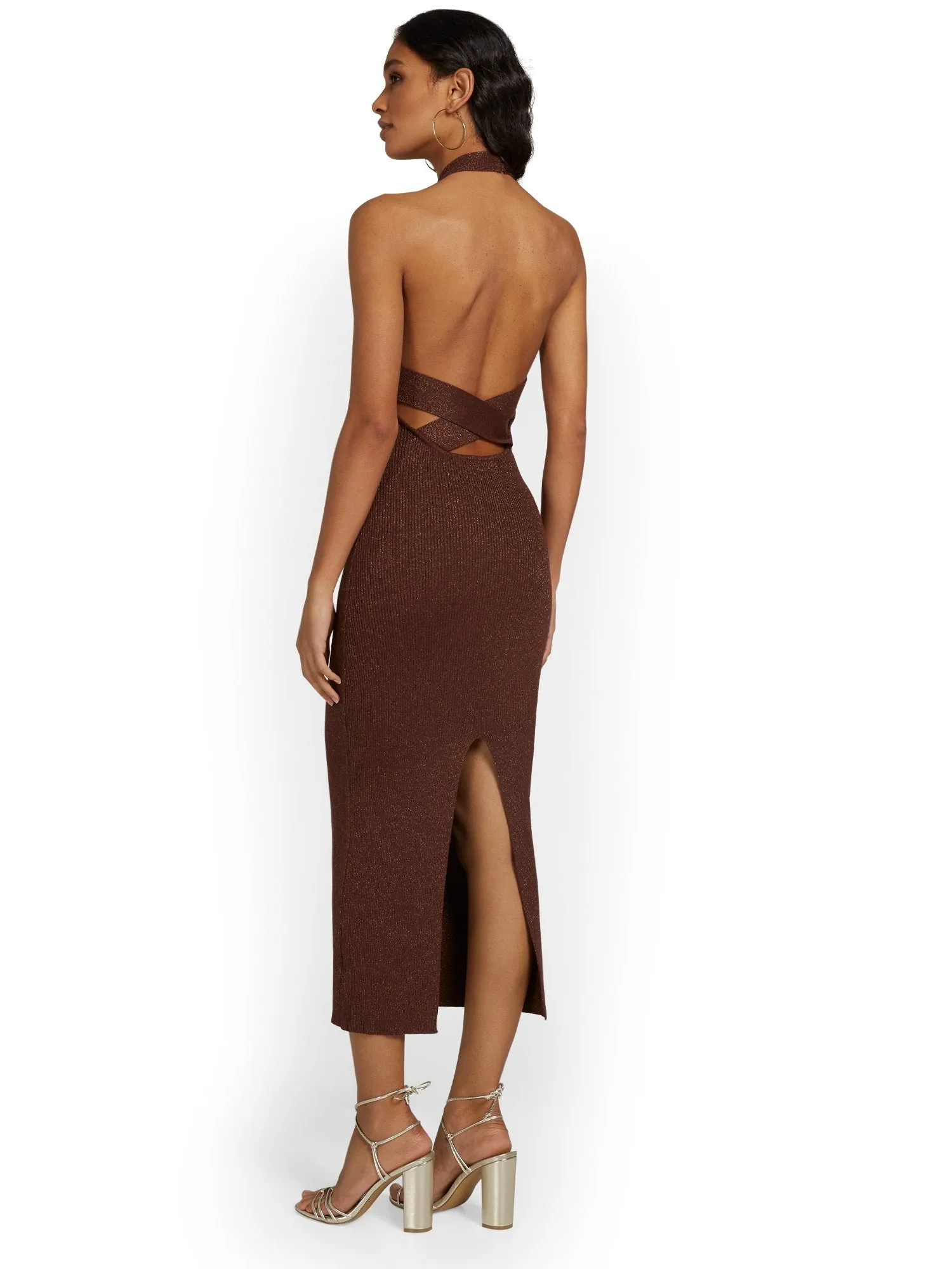 Beige Botany Halterneck Ribbed Knit Midi Dress - Brands We Love