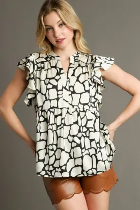Black and White Animal Print Ruffle Sleeve Babydoll Blouse