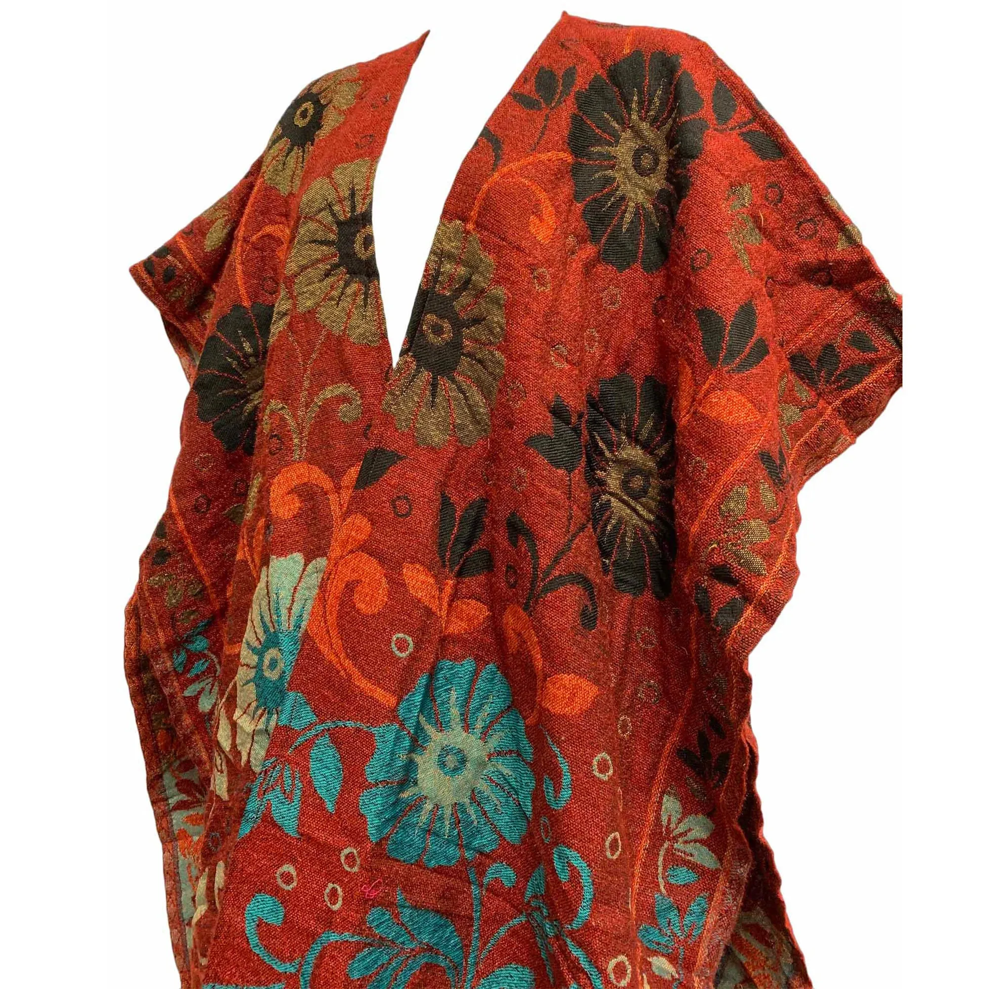 Boho Women's Ethnic Print Reversible Open Front Sweater Poncho Ruana Shawl