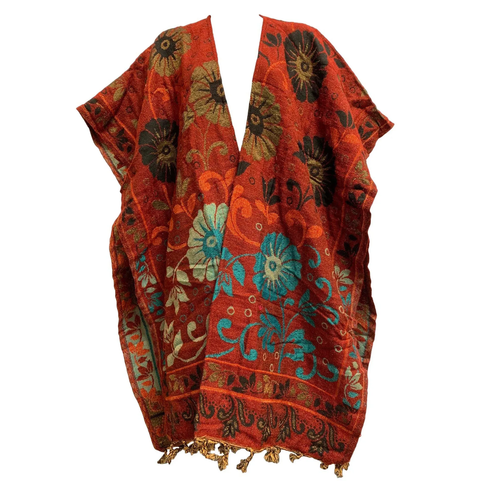 Boho Women's Ethnic Print Reversible Open Front Sweater Poncho Ruana Shawl