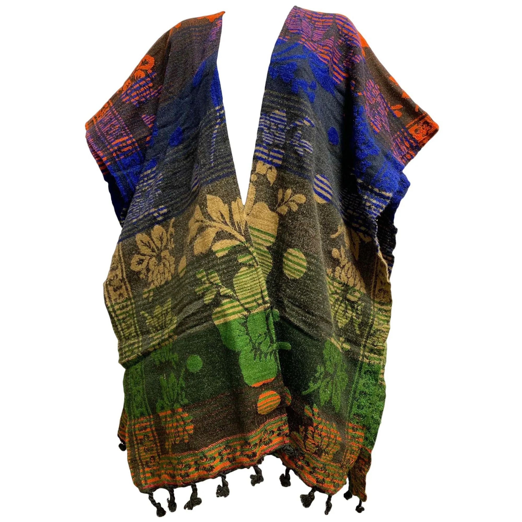 Boho Women's Ethnic Print Reversible Open Front Sweater Poncho Ruana Shawl