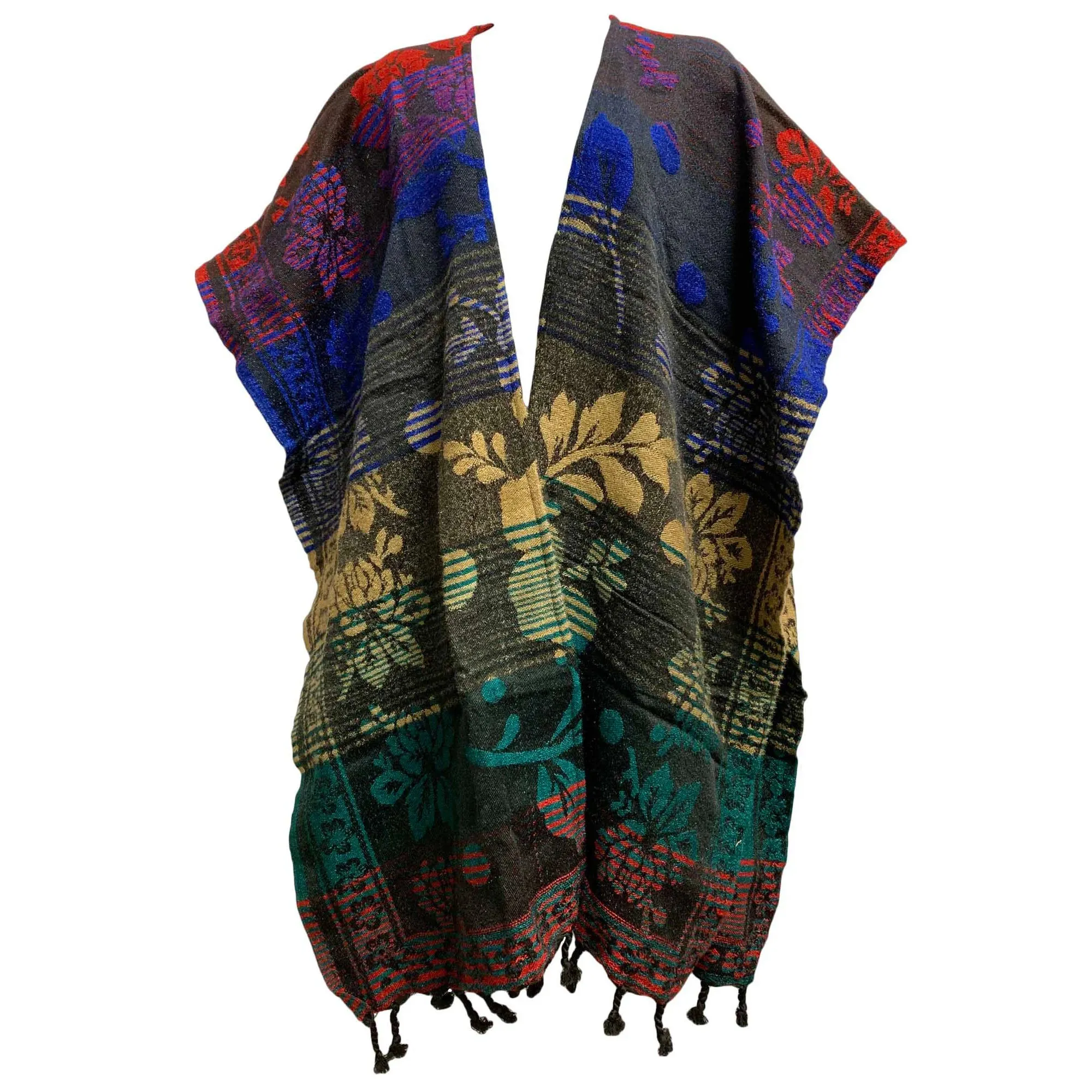 Boho Women's Ethnic Print Reversible Open Front Sweater Poncho Ruana Shawl