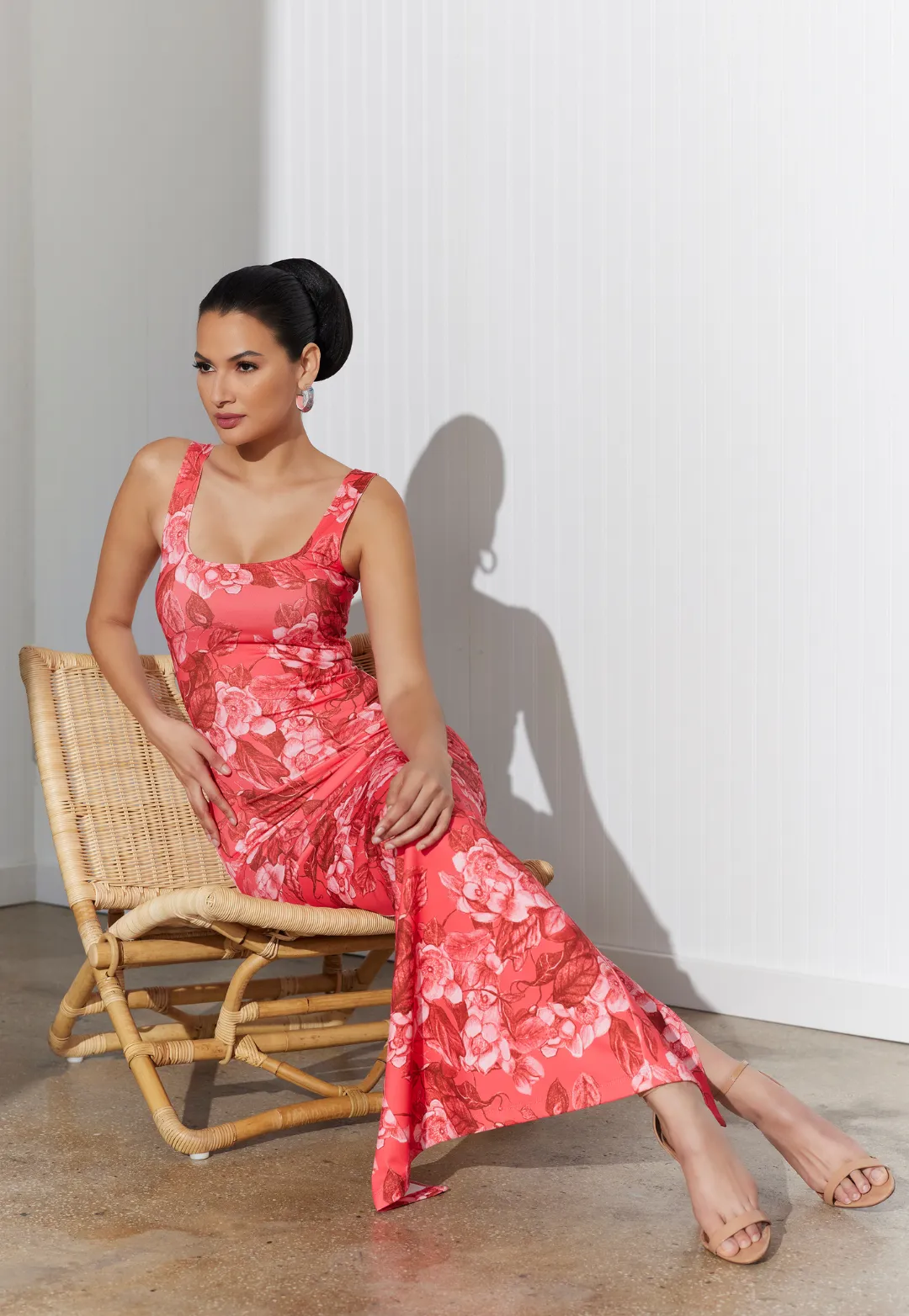 Caterina Long Stretch Dress in Coral Grandiflora