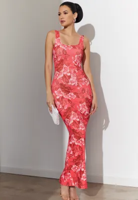 Caterina Long Stretch Dress in Coral Grandiflora