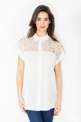 Chic Collared Knit Mesh Blouse with Snap Closure