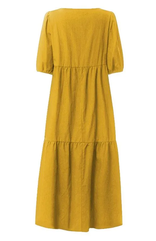 Chic Puff Sleeve Cotton Babydoll Midi Dress - Timeless Feminine Style
