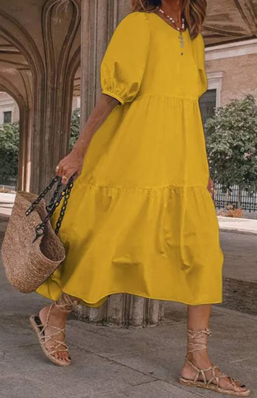 Chic Puff Sleeve Cotton Babydoll Midi Dress - Timeless Feminine Style