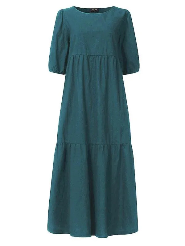 Chic Puff Sleeve Cotton Babydoll Midi Dress - Timeless Feminine Style