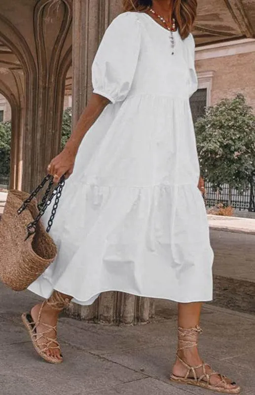 Chic Puff Sleeve Cotton Babydoll Midi Dress - Timeless Feminine Style