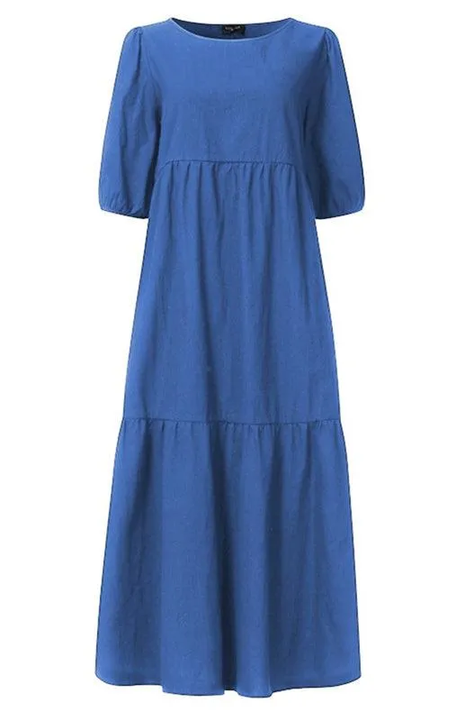 Chic Puff Sleeve Cotton Babydoll Midi Dress - Timeless Feminine Style