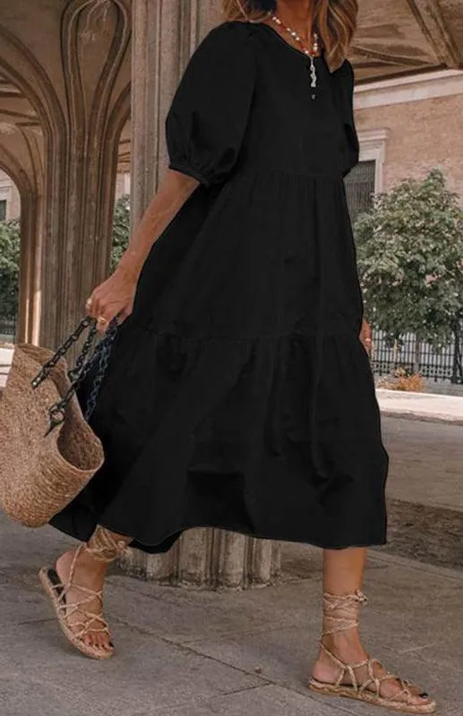 Chic Puff Sleeve Cotton Babydoll Midi Dress - Timeless Feminine Style