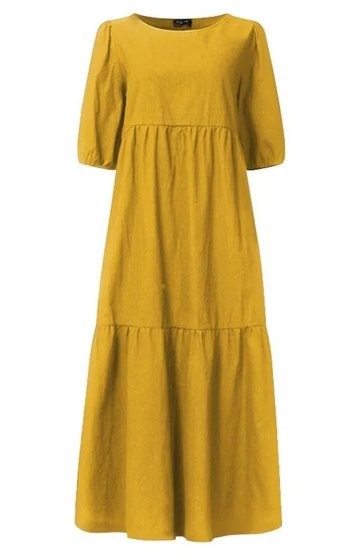 Chic Puff Sleeve Cotton Babydoll Midi Dress - Timeless Feminine Style