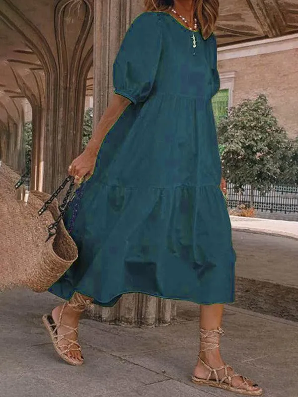 Chic Puff Sleeve Cotton Babydoll Midi Dress - Timeless Feminine Style