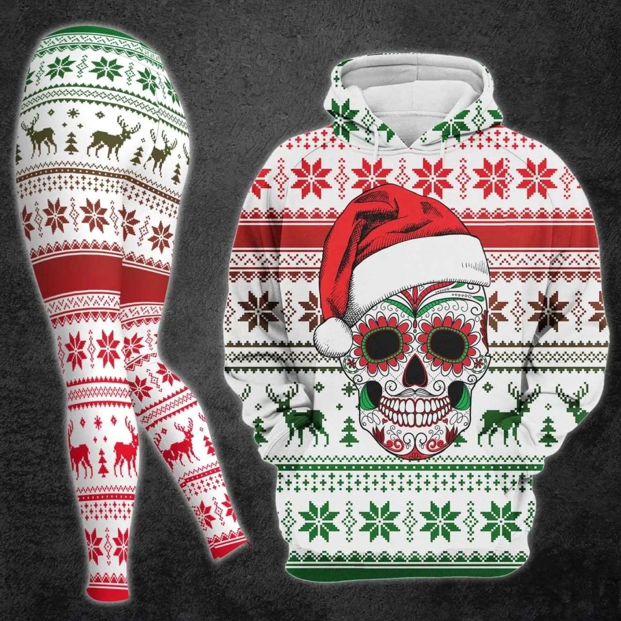 Christmas Skull Knitted Design Artwork Print Combo Hoodie And Leggings