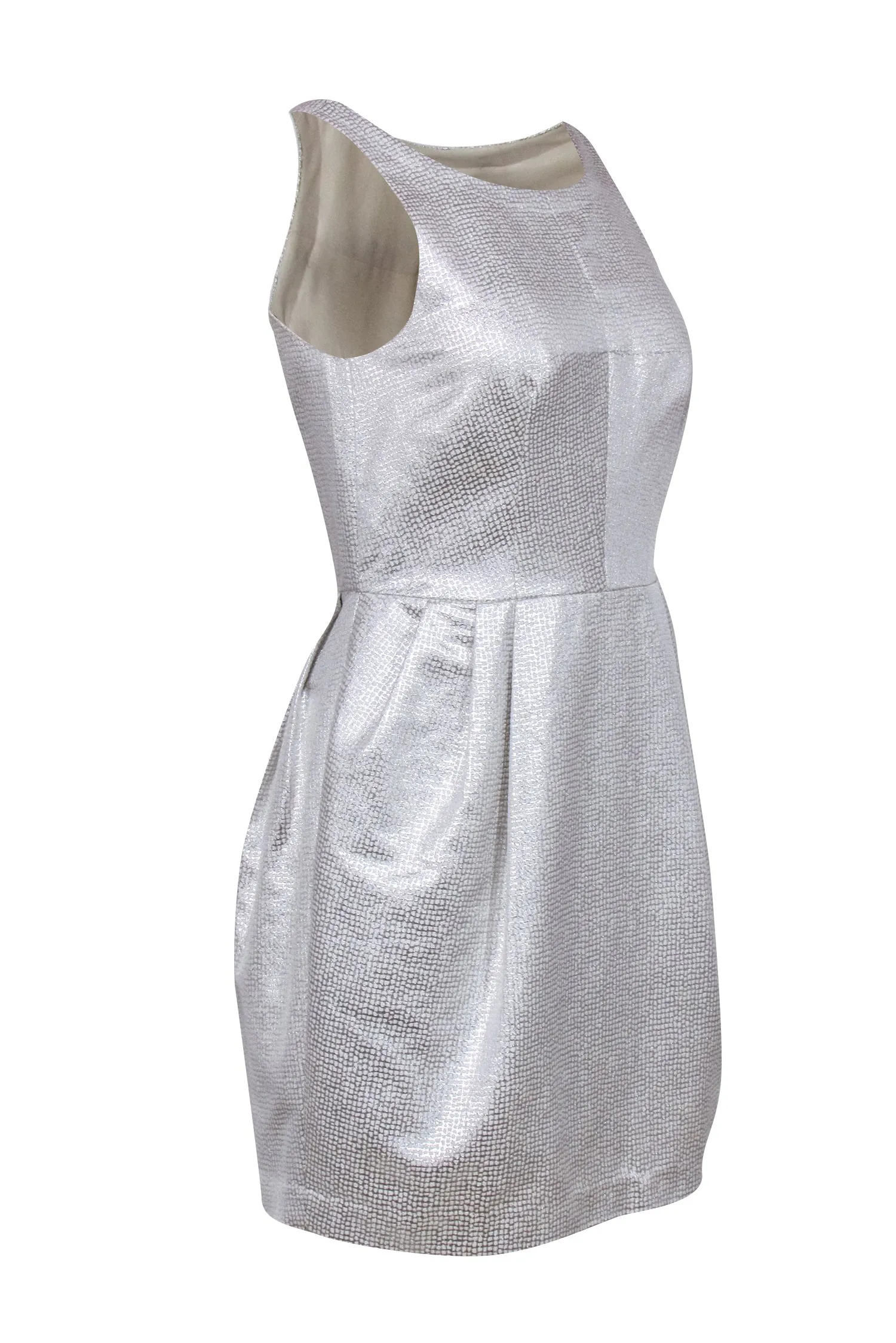Club Monaco - Silver Metallic Mini Fit & Flare Cocktail Dress w/ High Neckline Sz 4
