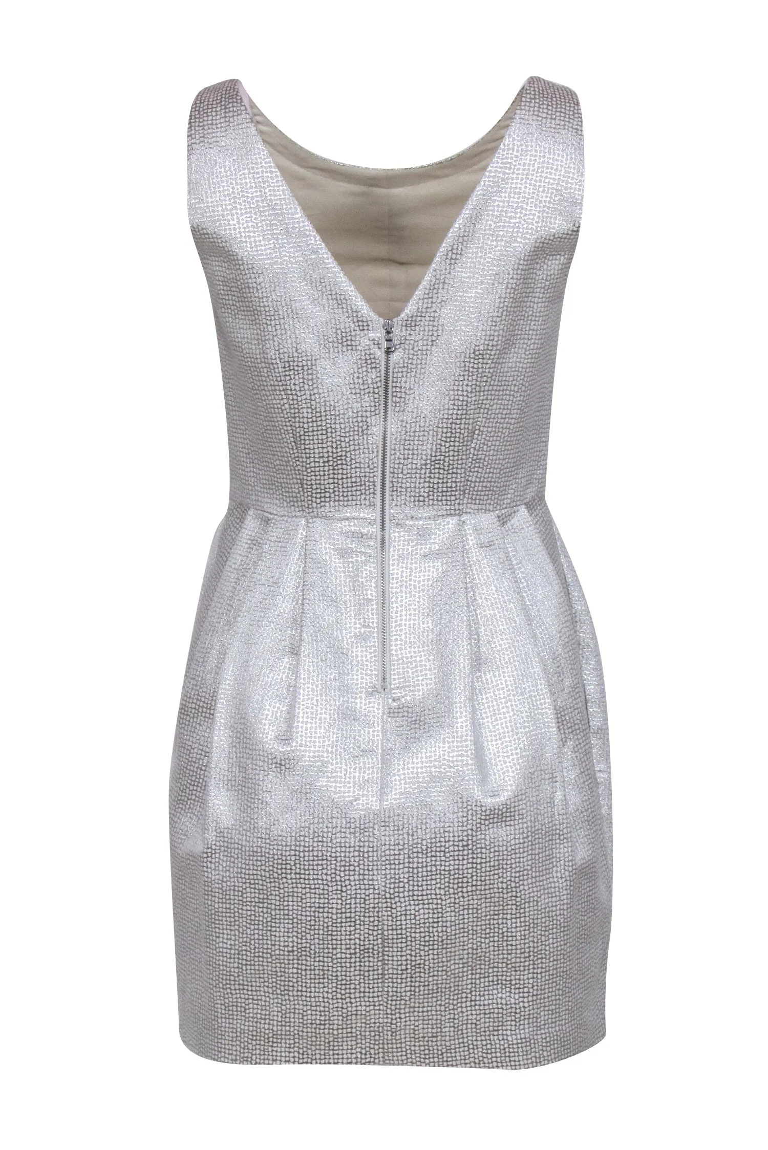 Club Monaco - Silver Metallic Mini Fit & Flare Cocktail Dress w/ High Neckline Sz 4