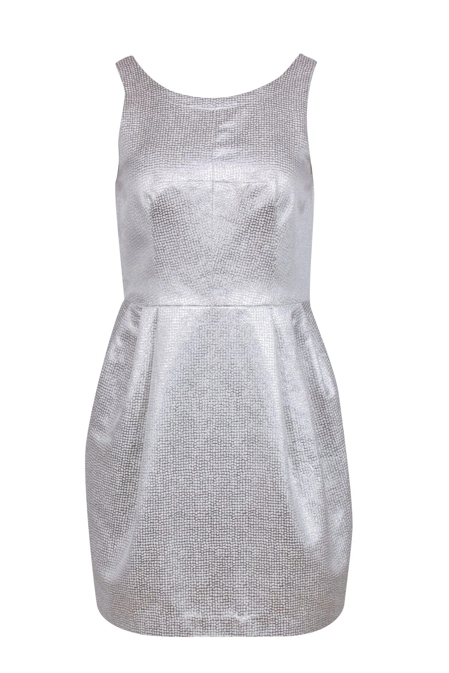 Club Monaco - Silver Metallic Mini Fit & Flare Cocktail Dress w/ High Neckline Sz 4