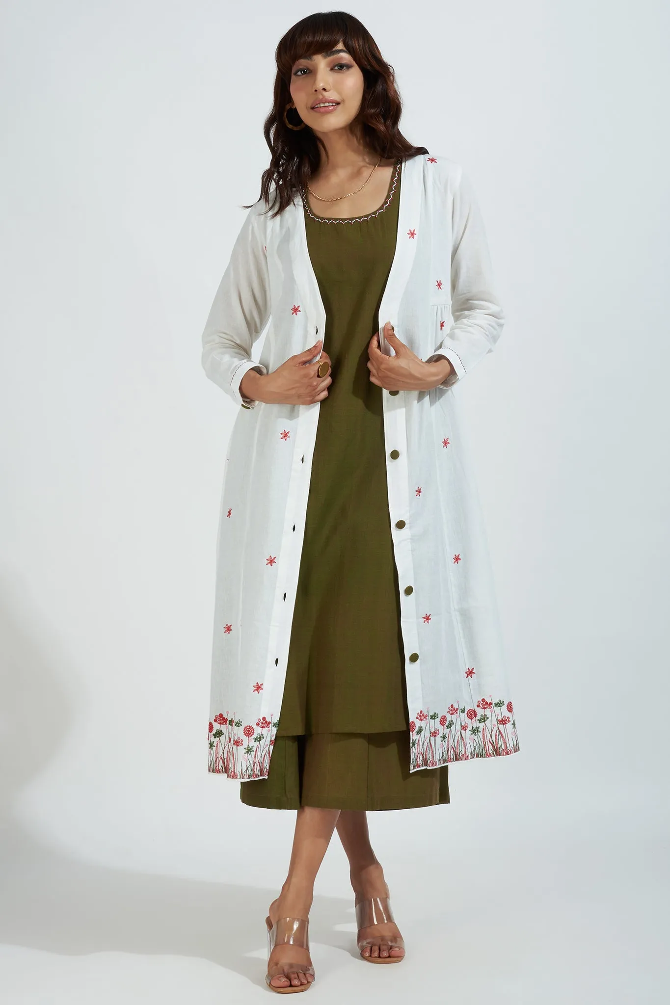 deep v-neck button down jacket with gathers - ivory elegance & crimson bouquet