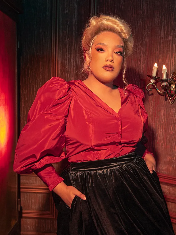 FINAL SALE - Taffeta Edwardian Blouse in Crimson Red