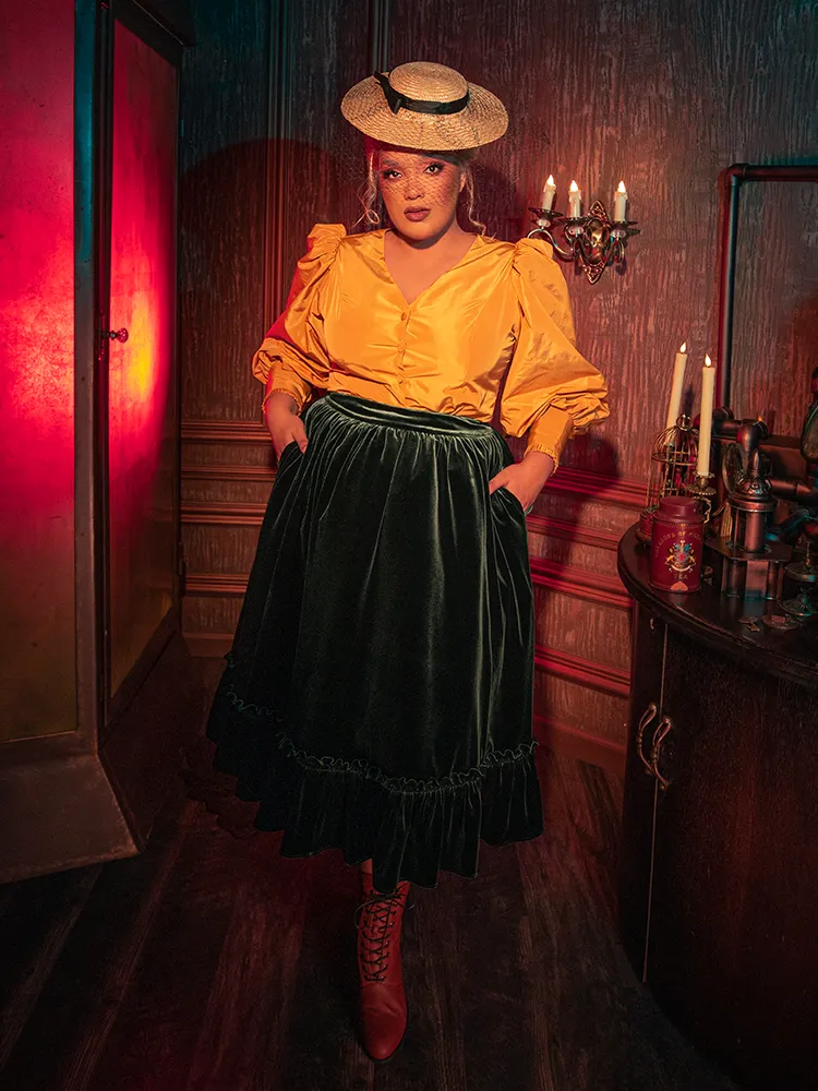 FINAL SALE - Victorian Velvet Bustle Skirt in Olive