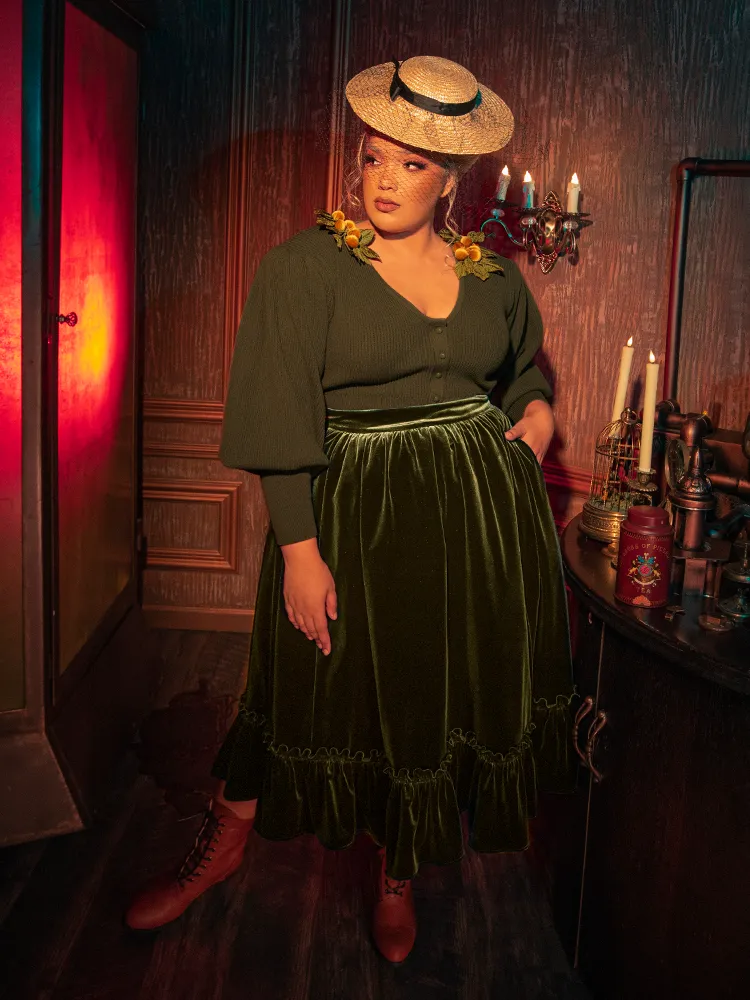 FINAL SALE - Victorian Velvet Bustle Skirt in Olive