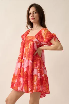 Floral Chiffon Puff-Sleeve Babydoll Mini Dress