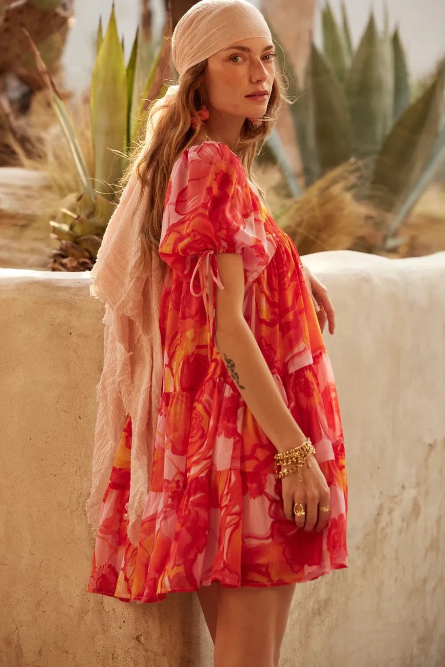 Floral Chiffon Puff-Sleeve Babydoll Mini Dress