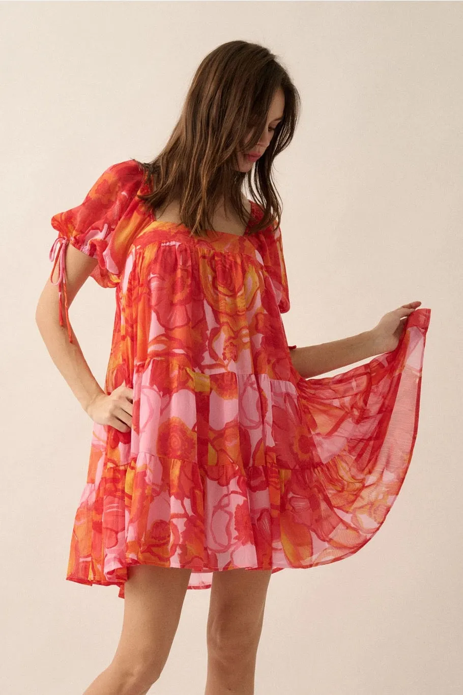 Floral Chiffon Puff-Sleeve Babydoll Mini Dress