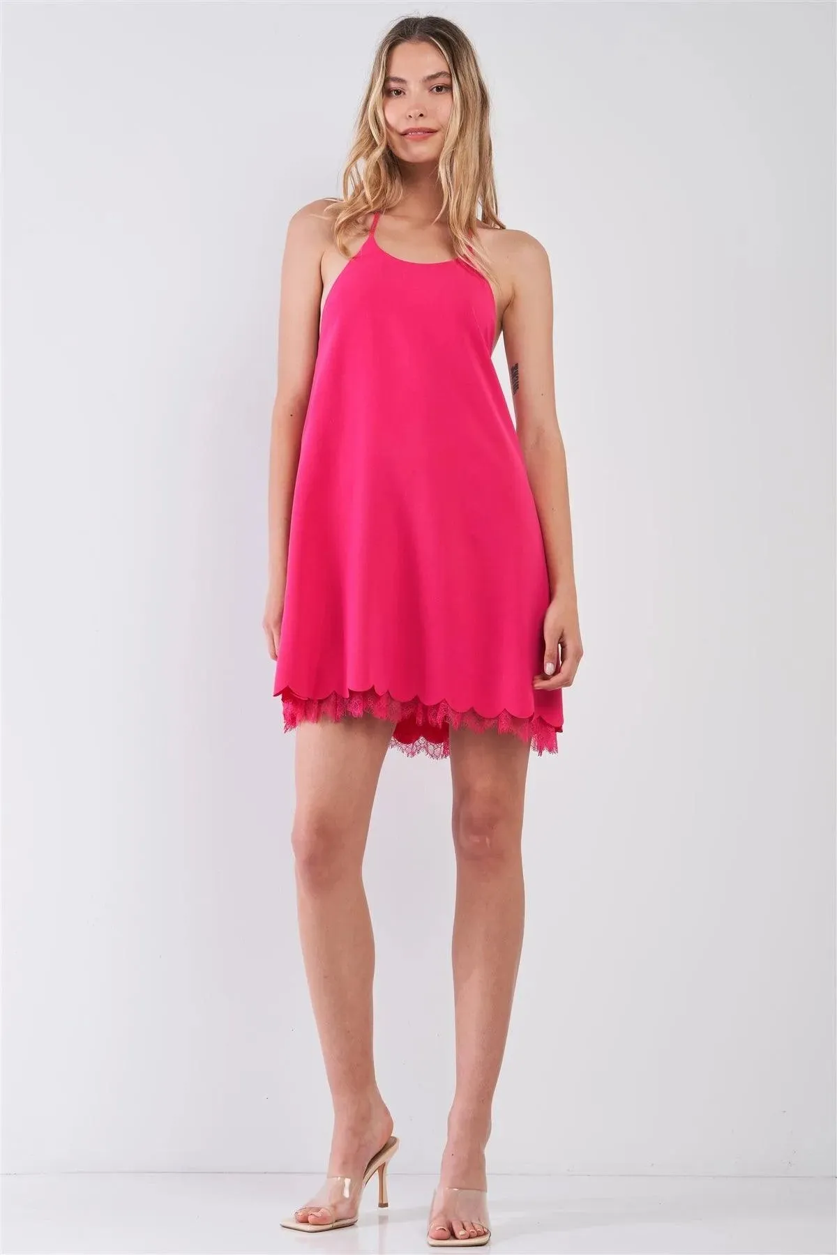 Fuchsia Pink Sleeveless Halter-Tie Neck Self-Tie Open Back Detail Lace Trim Scallop Hem Babydoll Mini Dress /1-2-2-1