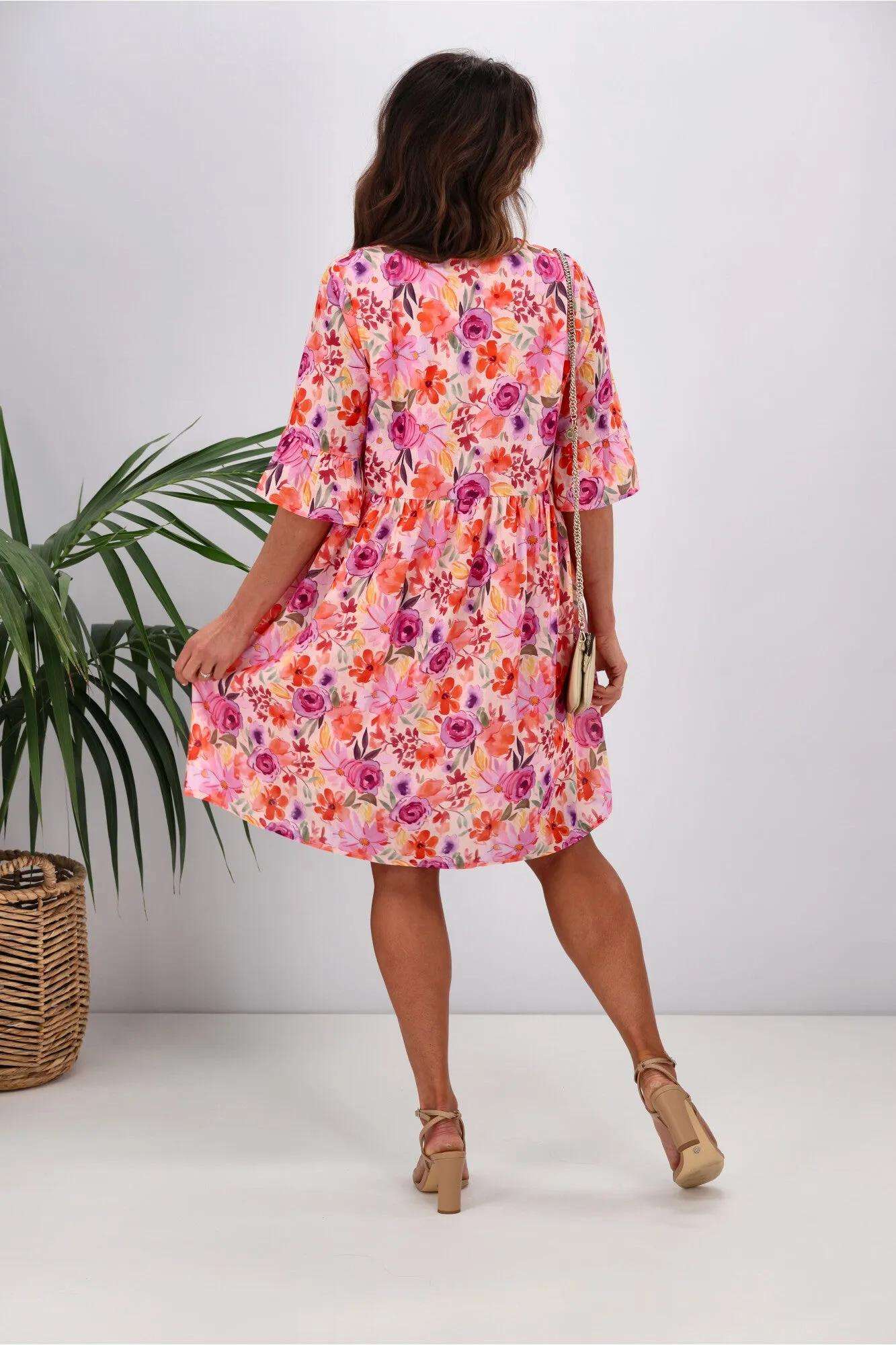Gloss by Shine On Leila Frill Sleeve Dress Super Bright Floral