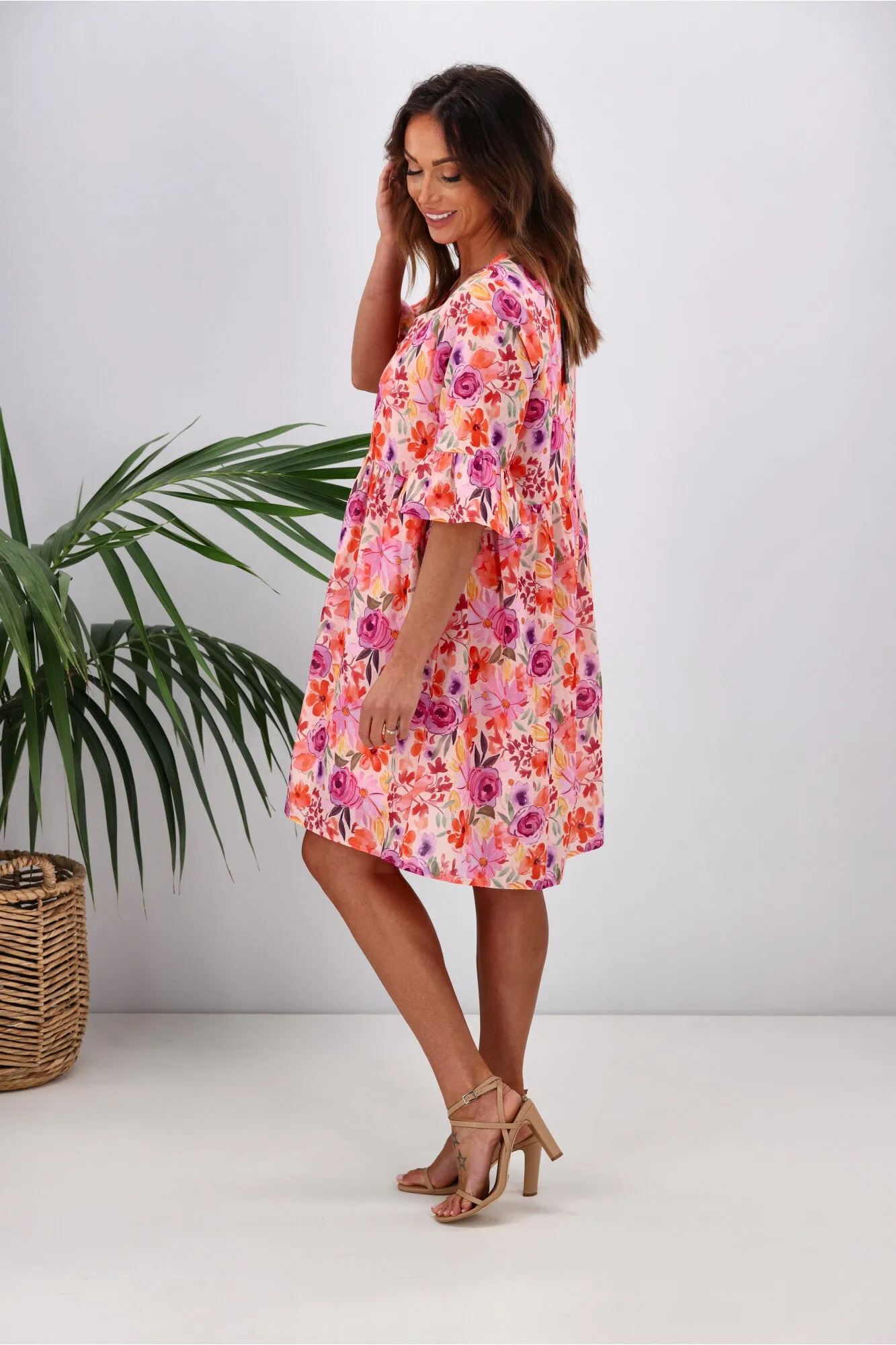 Gloss by Shine On Leila Frill Sleeve Dress Super Bright Floral